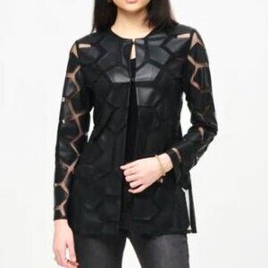Joseph RIbkoff Geometric Faux Leather Jacket Sz L Black Semi Sheer $285